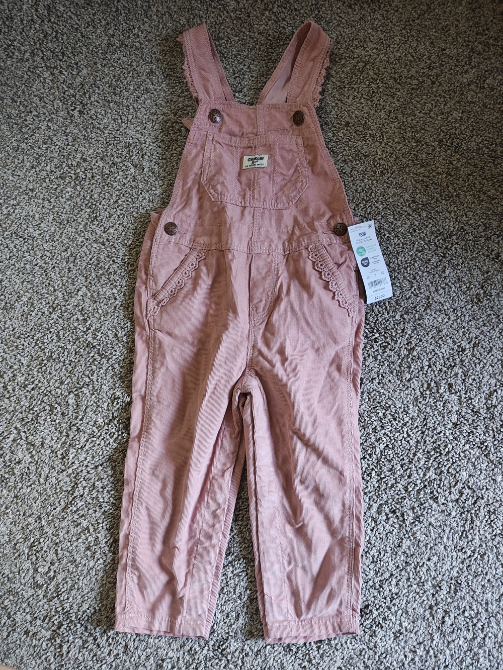 OshKosh B'gosh Corduroy Pink Toddler Lace-Trim Overalls Size 18 Mo